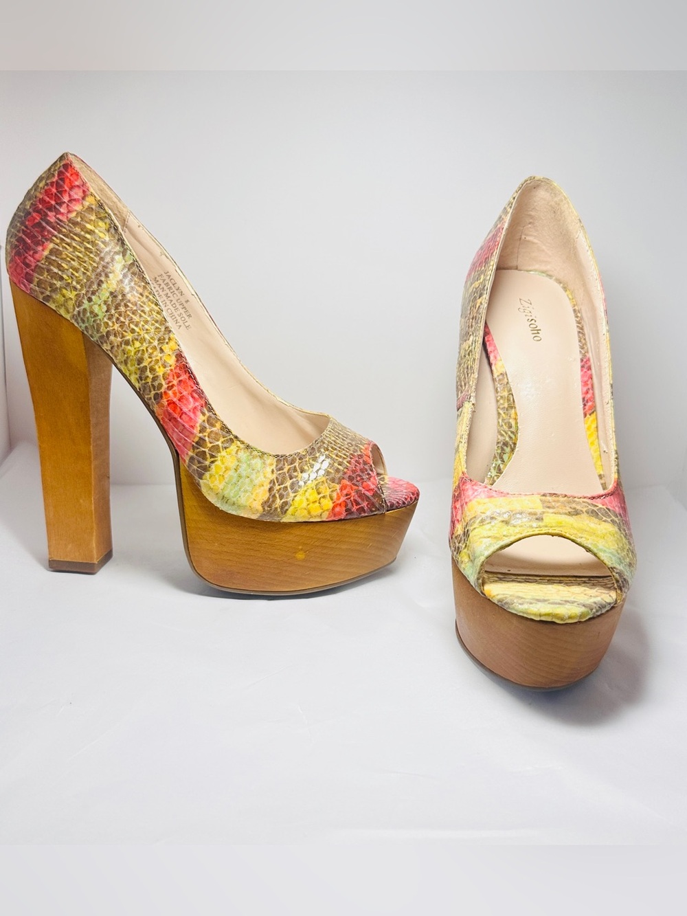 Zigi Soho Yellow Pink Multicolor Snakeskin Peep-Toe Platform Heels